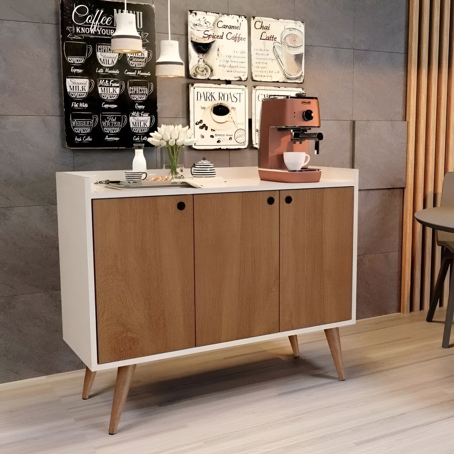 Wooden cabinet with a coffee machine on a countertop against a gray tiled wall.
