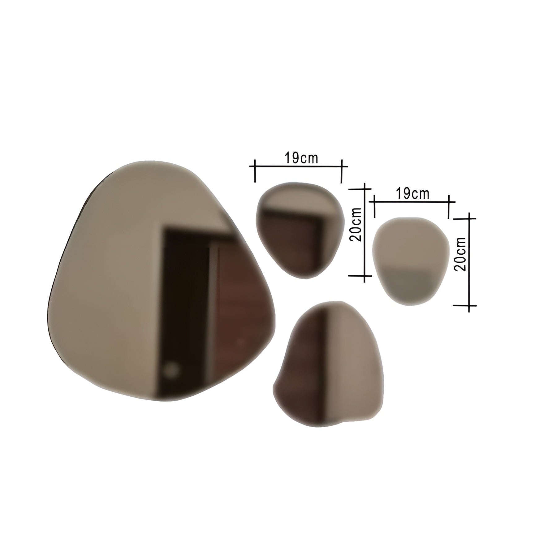 Set of metallic decorative objects with dimensions on a white background