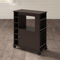 Dark brown storage unit with wheels on a wooden floor.