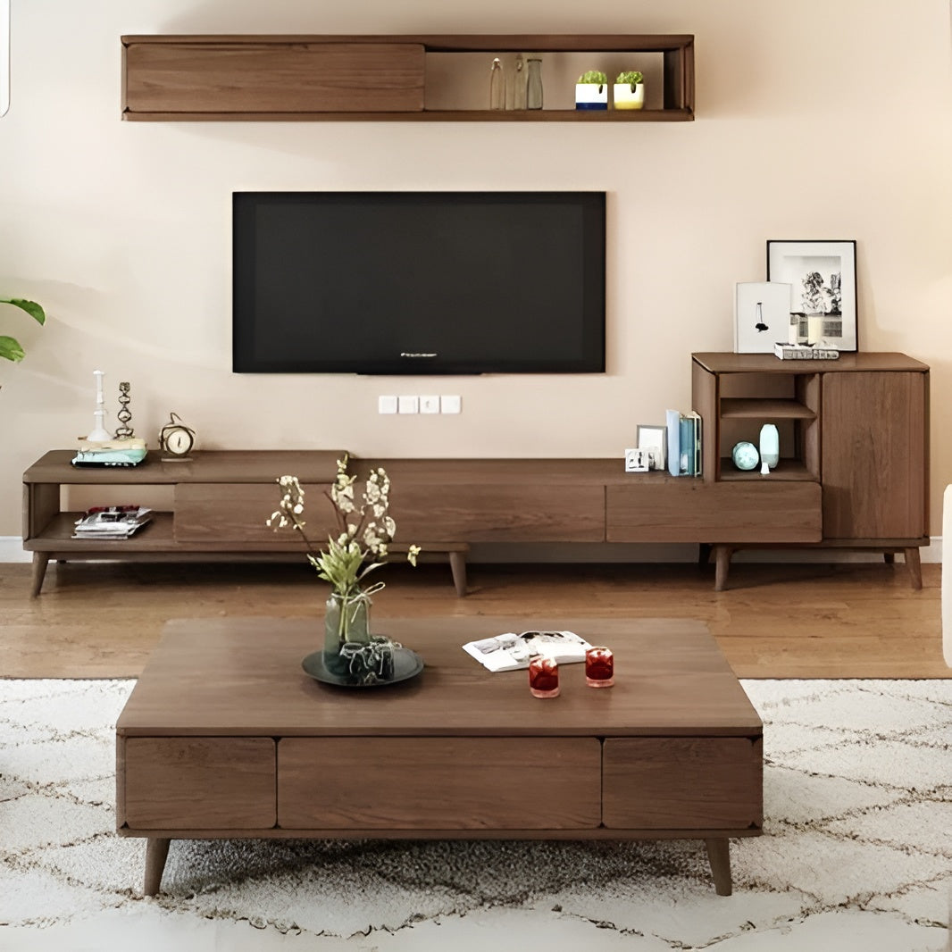 Modern living room with wooden furniture, including a TV stand and coffee table.