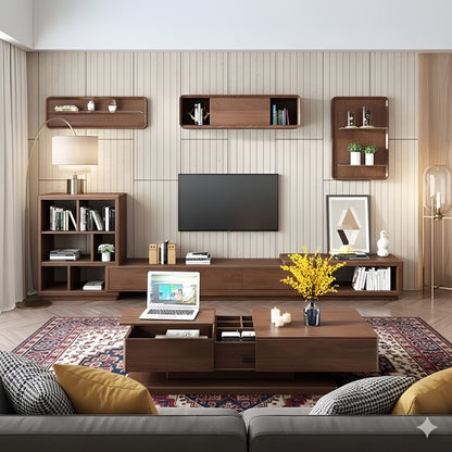 Modern living room with wooden furniture, TV, and decor