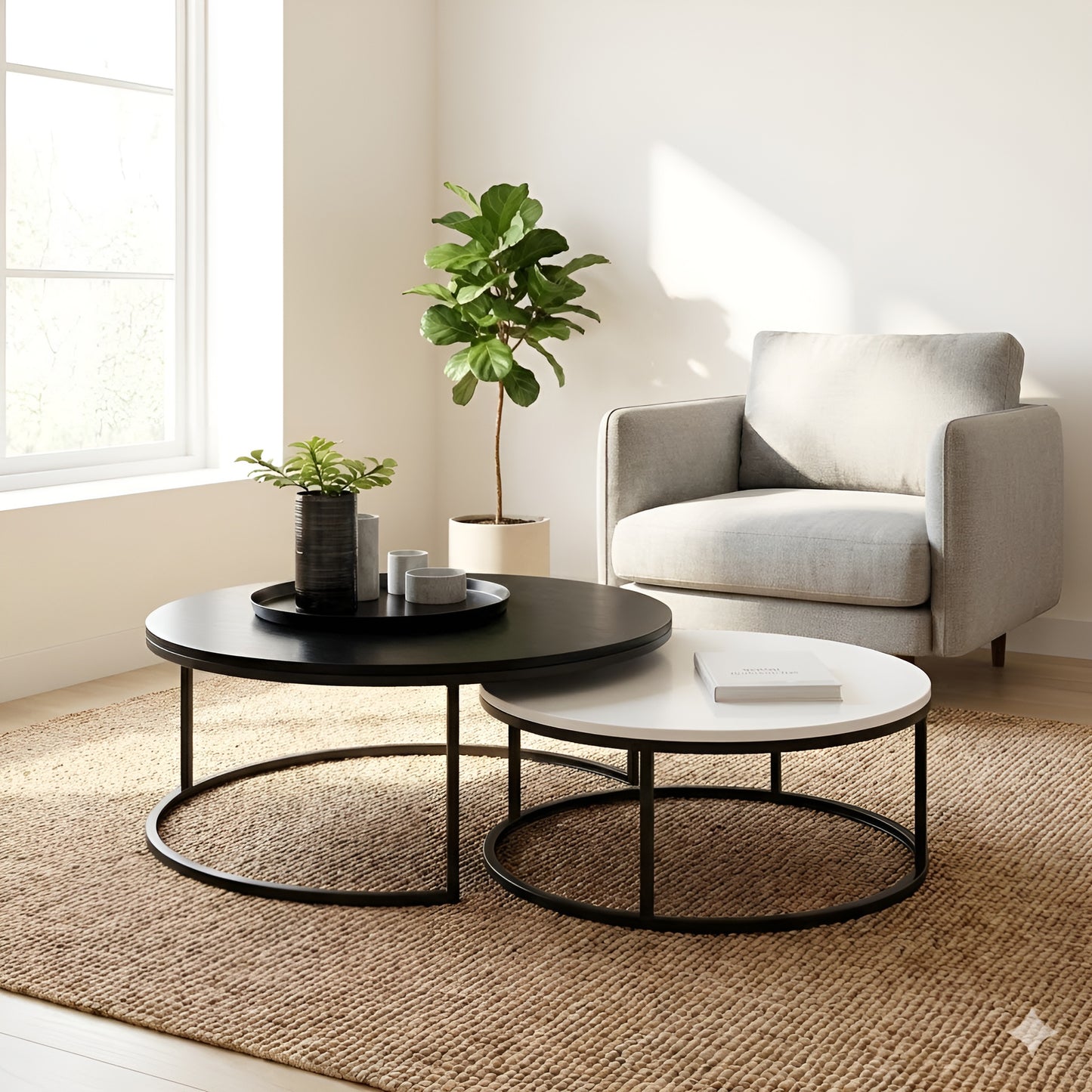 Modern living room with round coffee tables and a gray armchair.