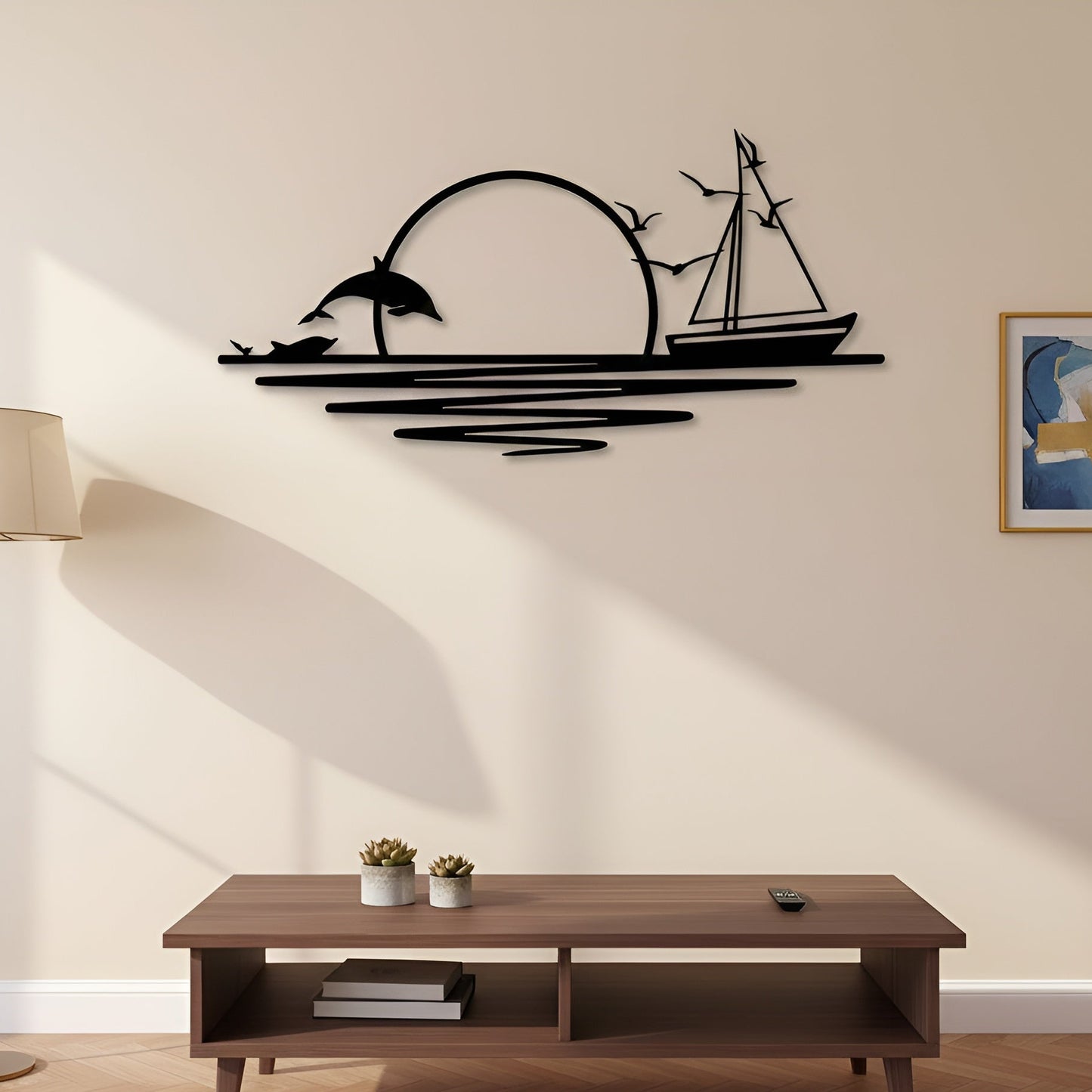 Decorative wall art with a ship and dolphin design on a wall above a wooden coffee table.