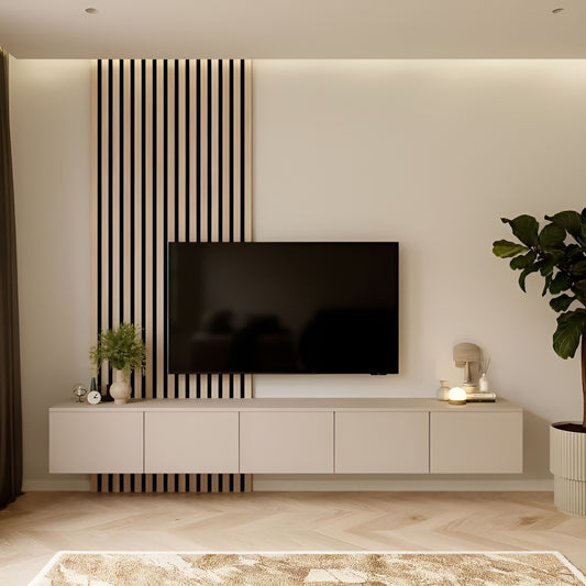 Modern living room with a television mounted on a decorative wall panel.