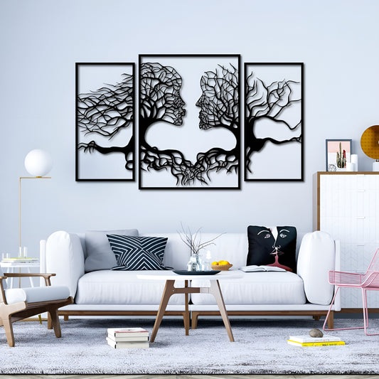 Modern living room with abstract wall art and a white sofa.