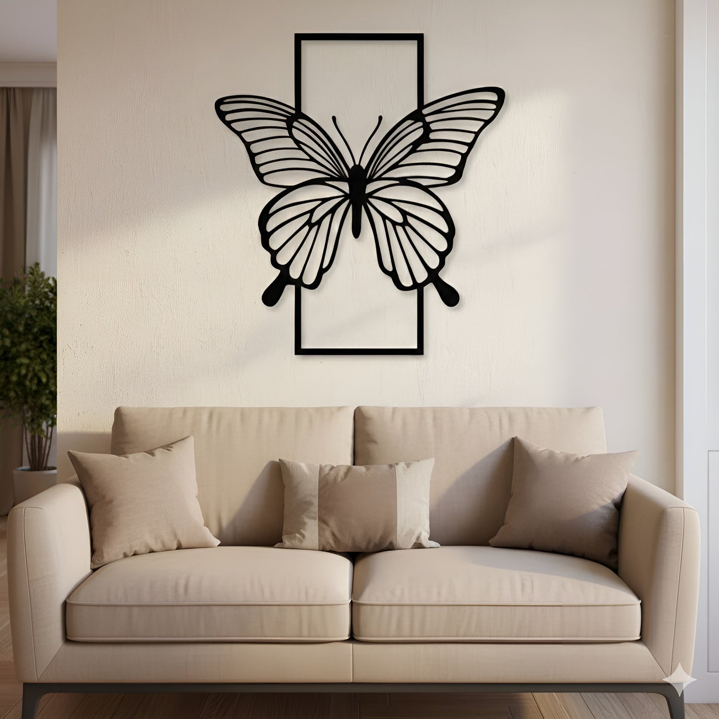 Butterfly wall art above a beige sofa in a living room.