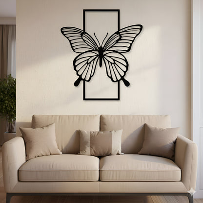 Butterfly wall art above a beige sofa in a living room.