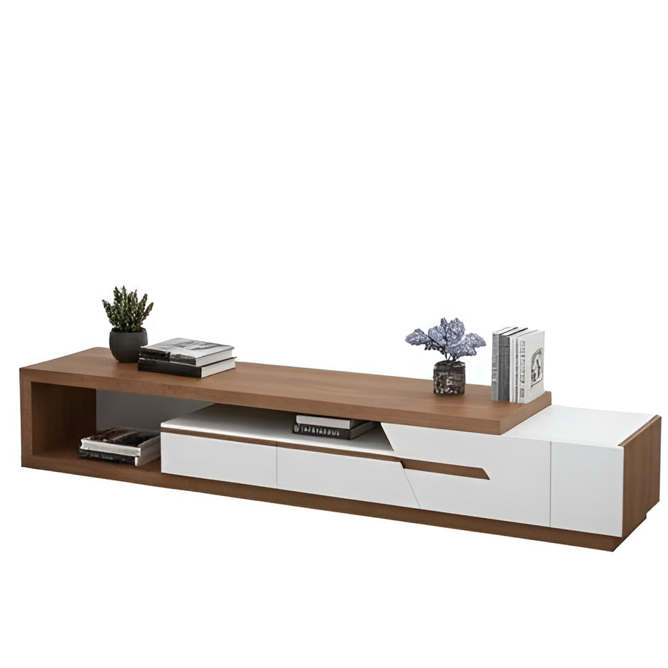 Modern TV stand with wooden top and white sides on a white background