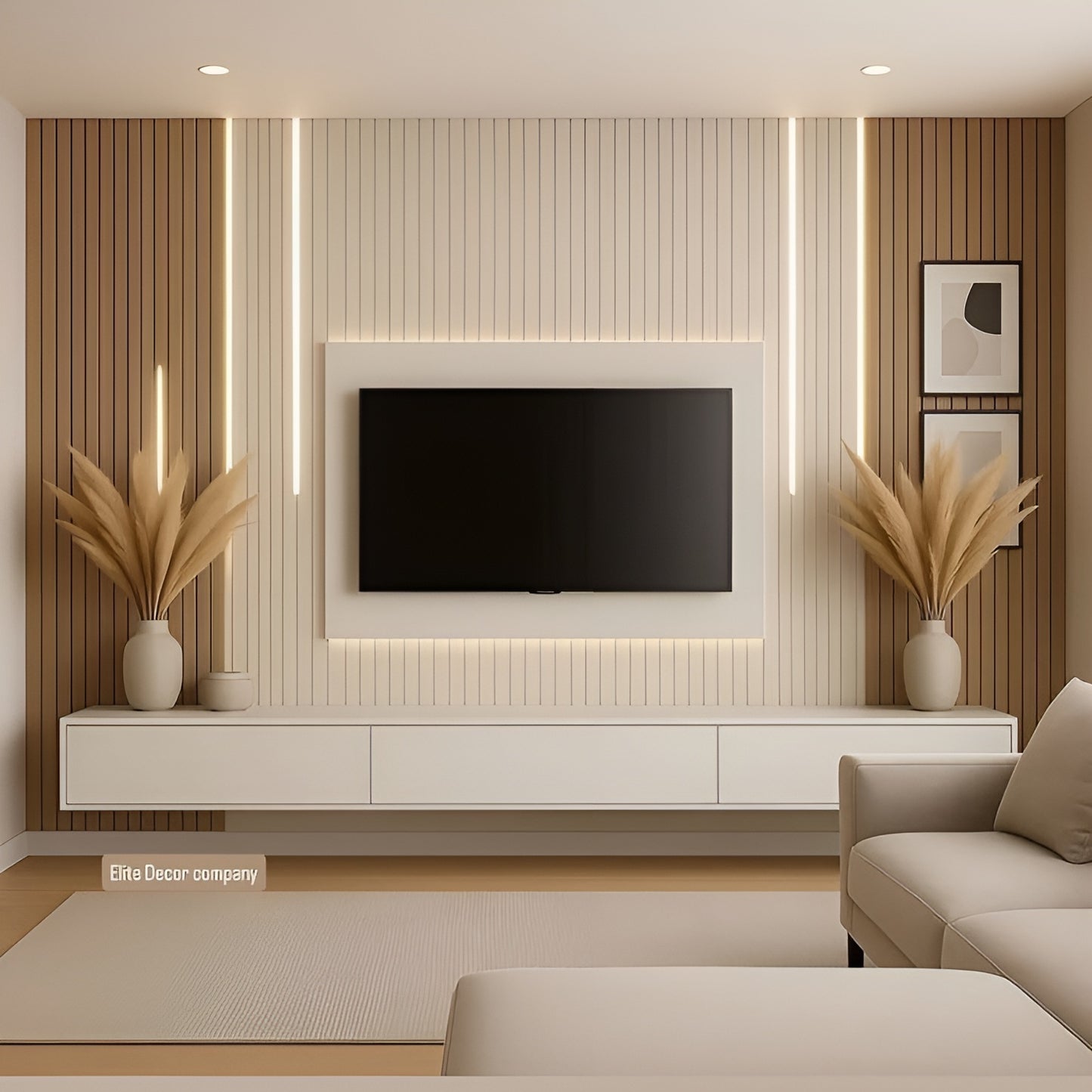 Modern living room with a television mounted on a wooden wall, featuring decorative elements.