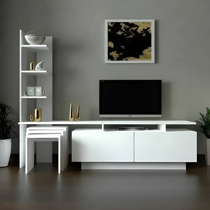 Modern living room with white entertainment console, TV, and decorative items.