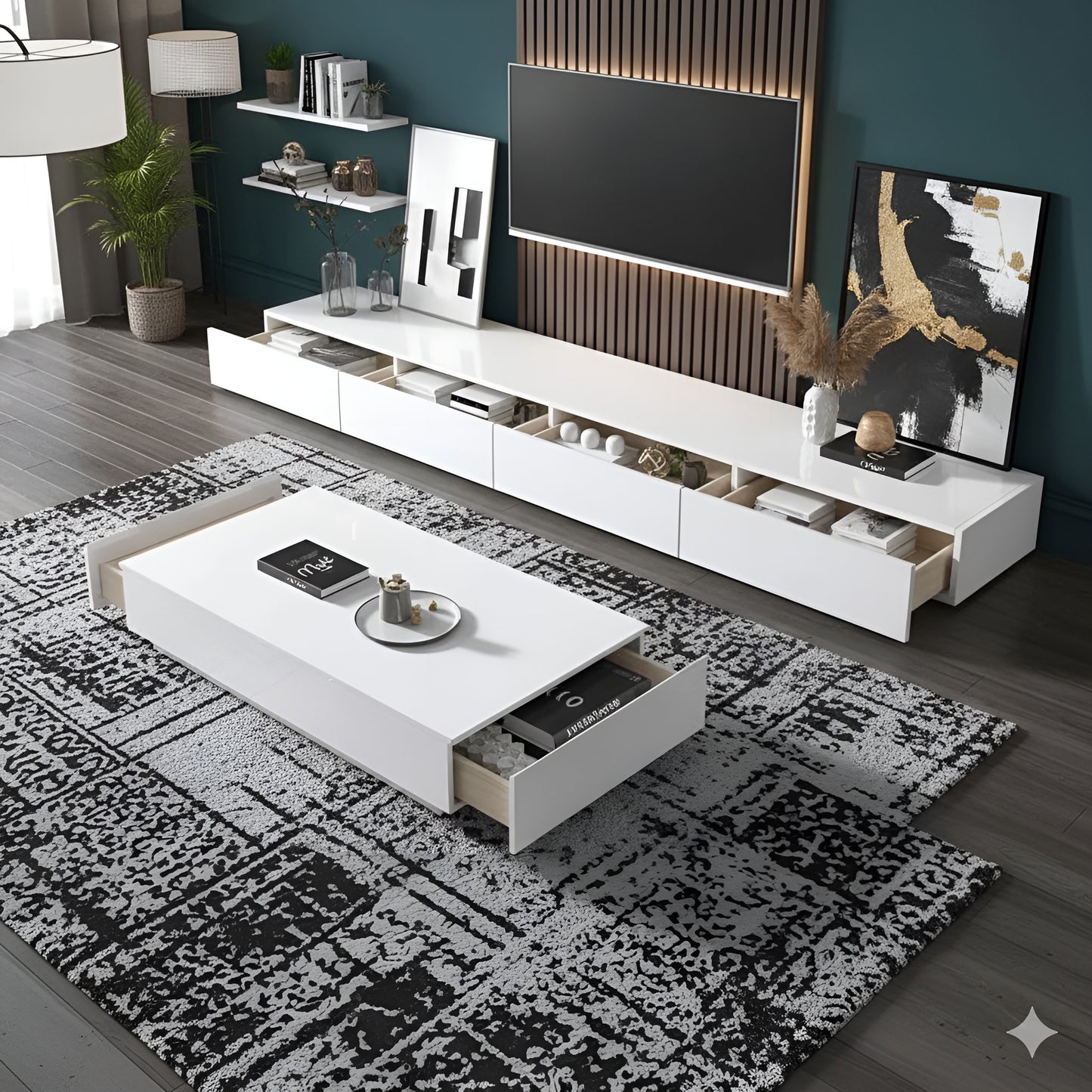 Modern living room with white entertainment console, coffee table, and decorative items.