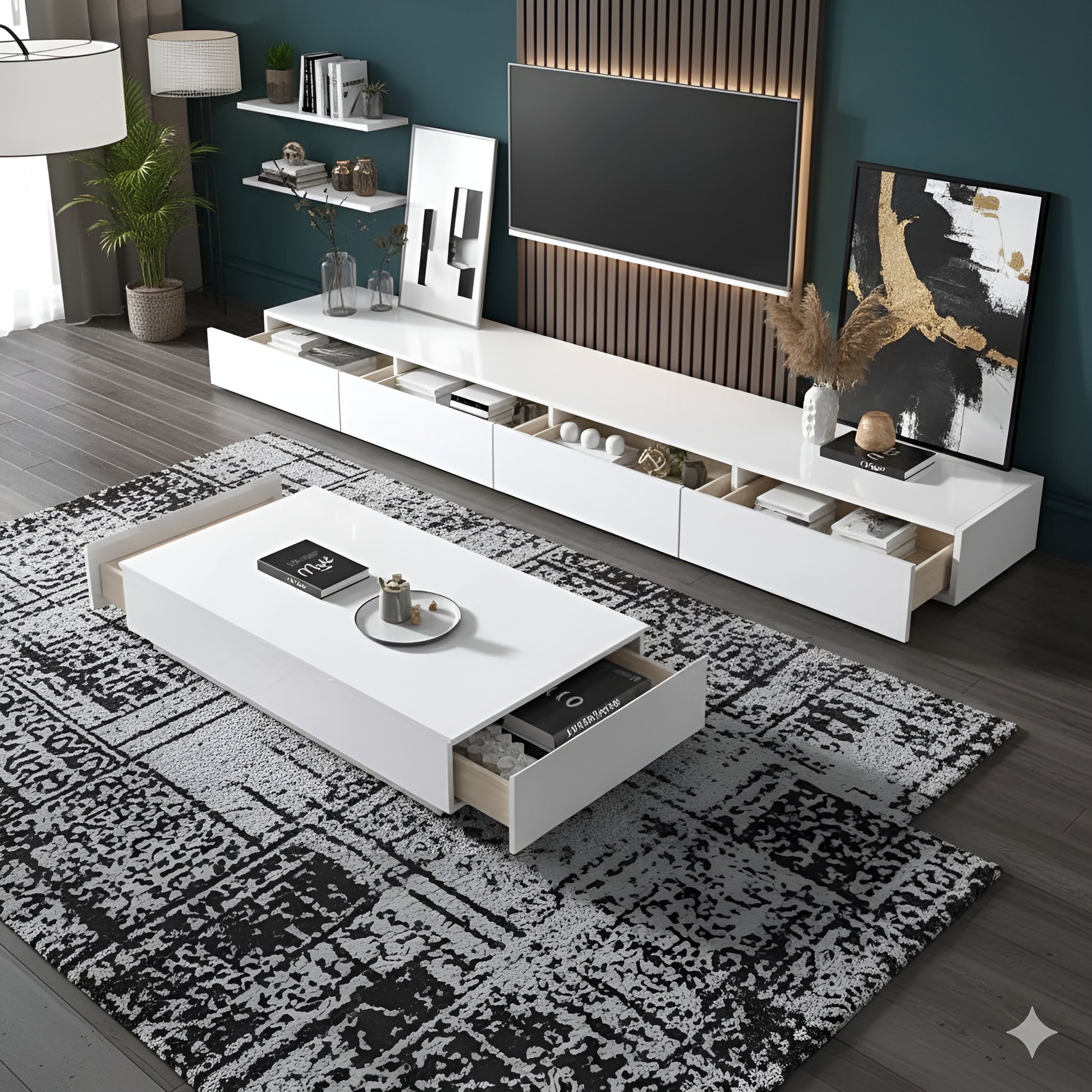 Modern living room with white entertainment console, coffee table, and decorative items.