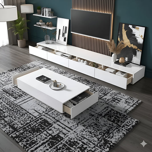Modern living room with white entertainment console, coffee table, and decorative items.