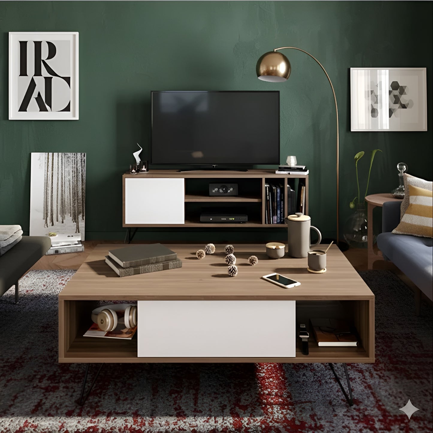 Modern living room with a wooden coffee table, TV stand, and decorative items.