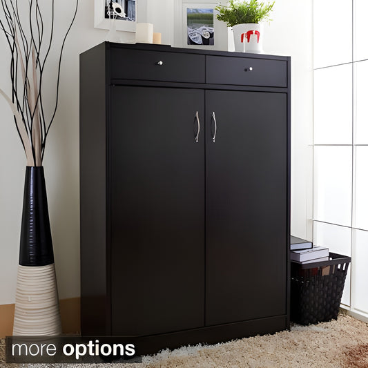 Black shoe cabinet in a room with decorative elements