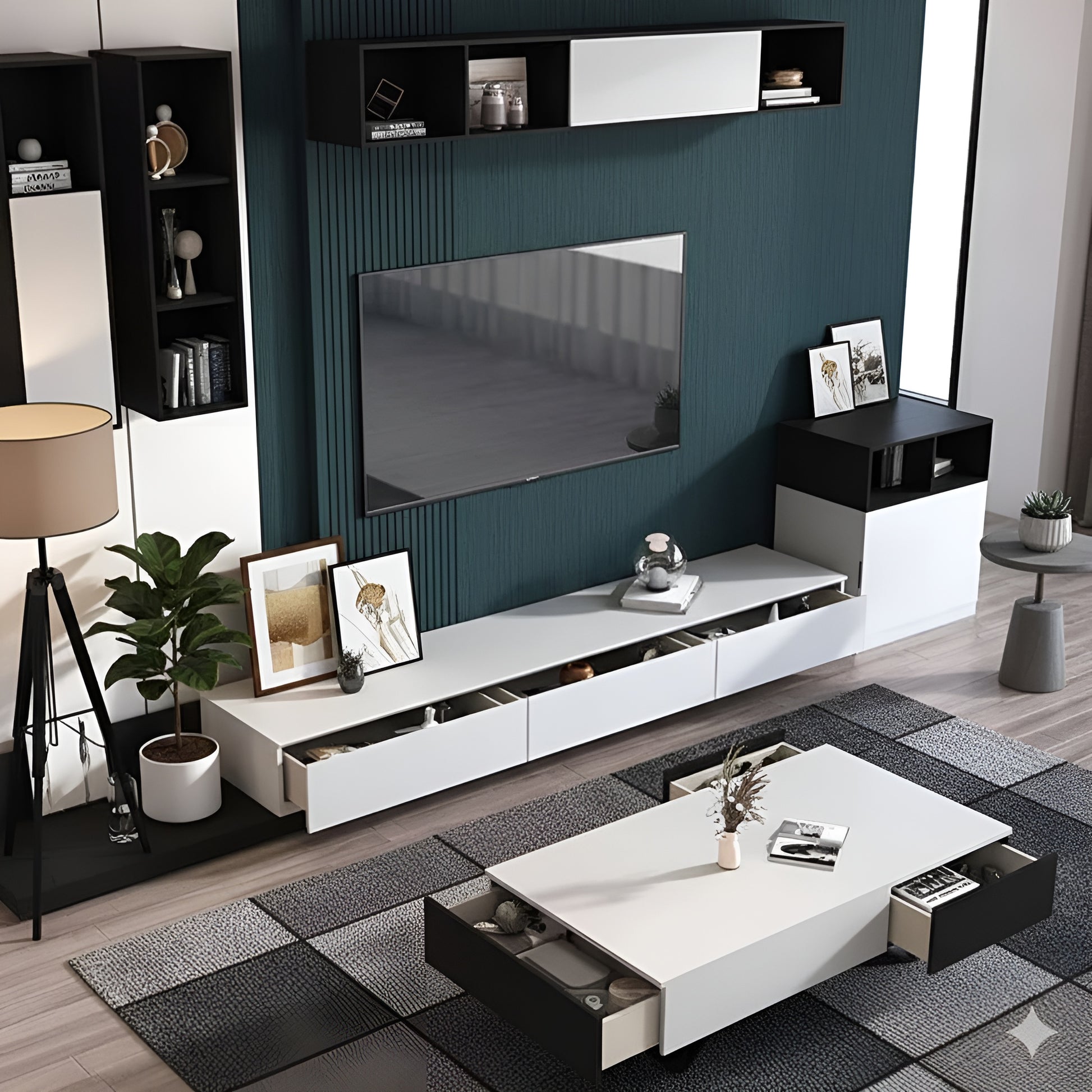 Modern living room with white entertainment console, TV, and decor items.