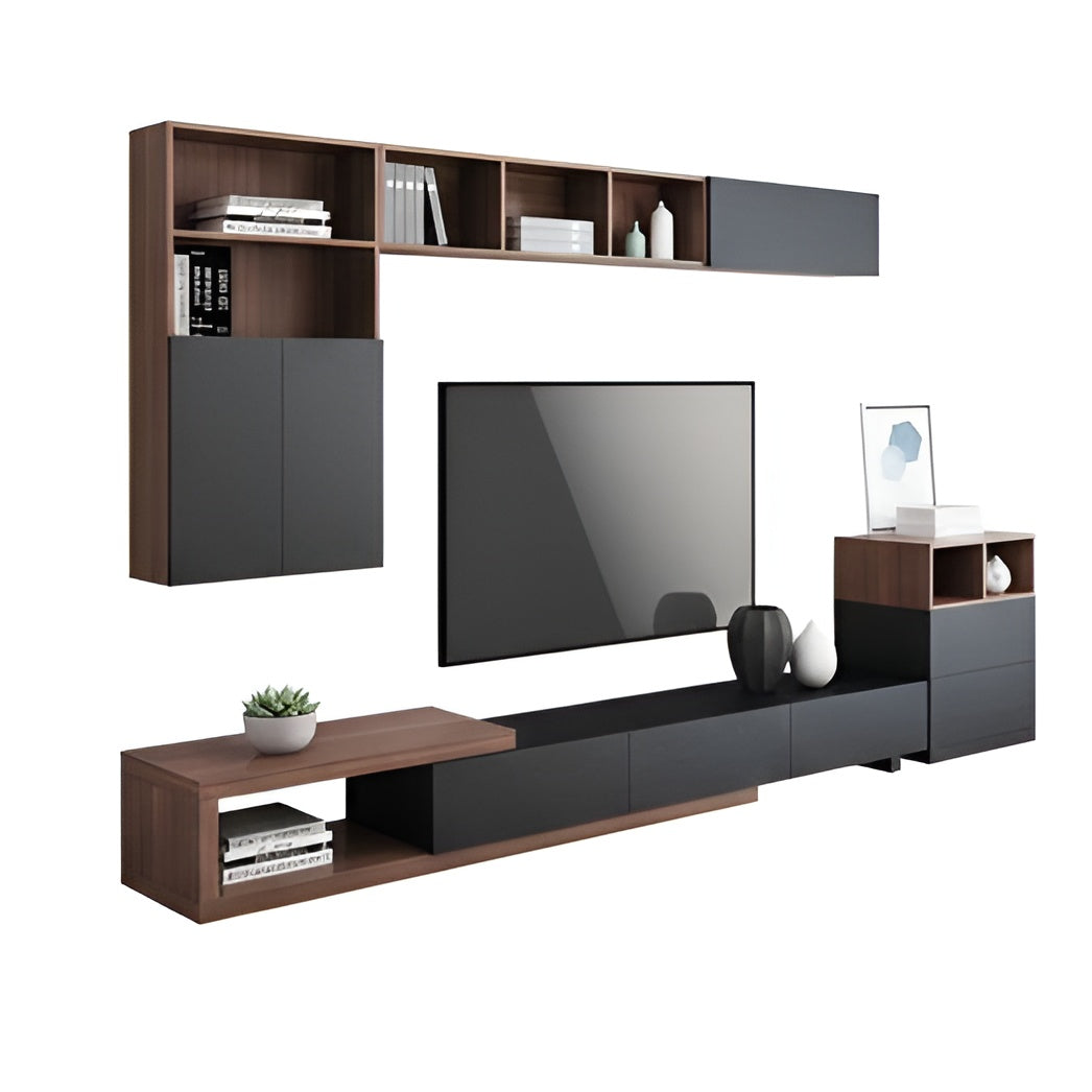 Modern TV entertainment unit with shelves and a television on a white background