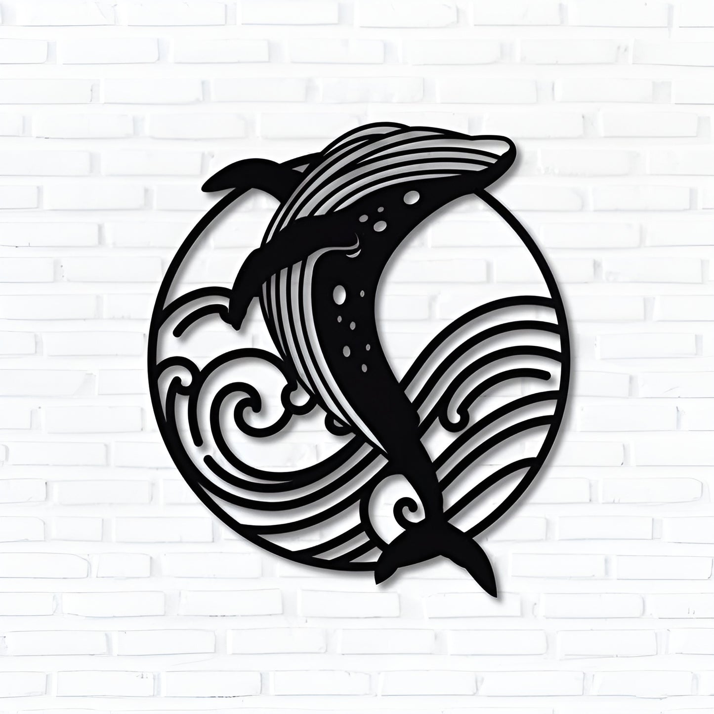 Black silhouette of a dolphin in a circular design with wave patterns on a white brick wall background.