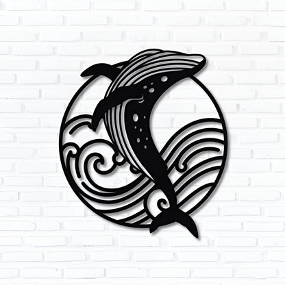 Black silhouette of a dolphin in a circular design with wave patterns on a white brick wall background.