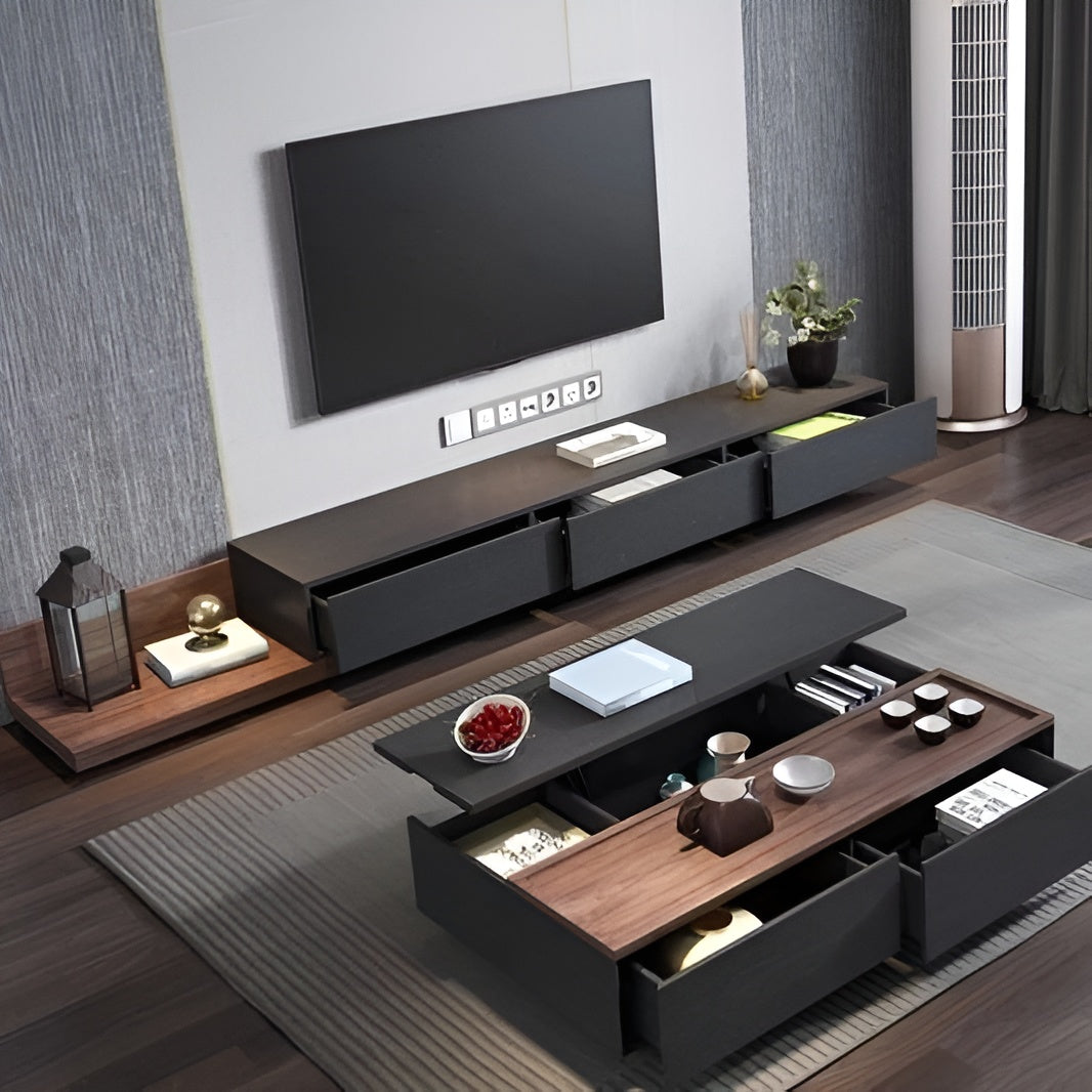 Modern living room with a dark wooden TV stand and coffee table.