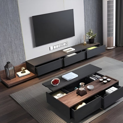 Modern living room with a dark wooden TV stand and coffee table.