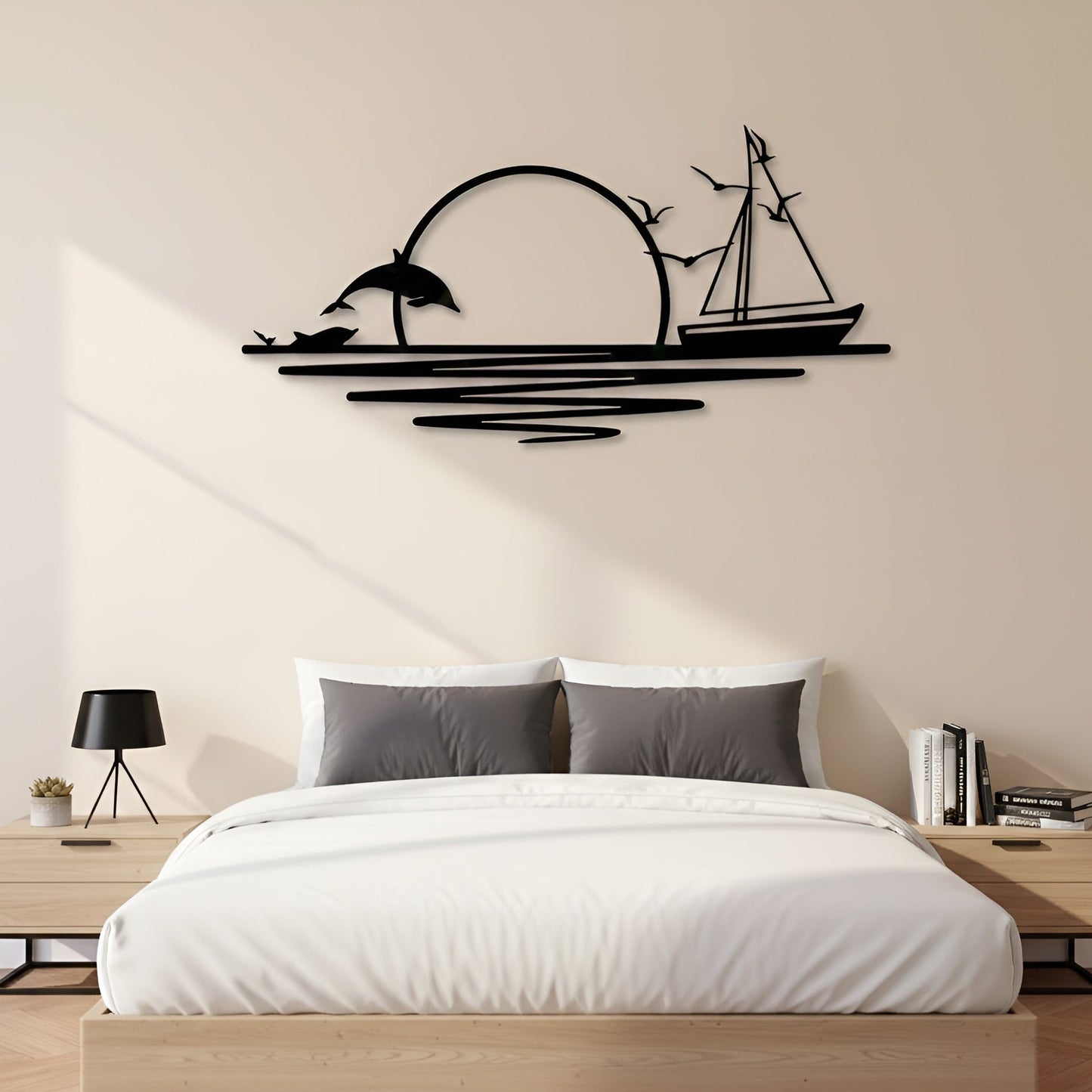Decorative wall art above a bed in a bedroom setting