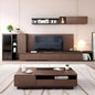 Modern living room with wooden TV stand and shelves.