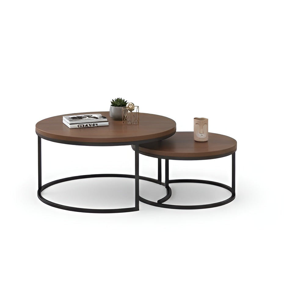 Two wooden coffee tables with metal legs on a white background