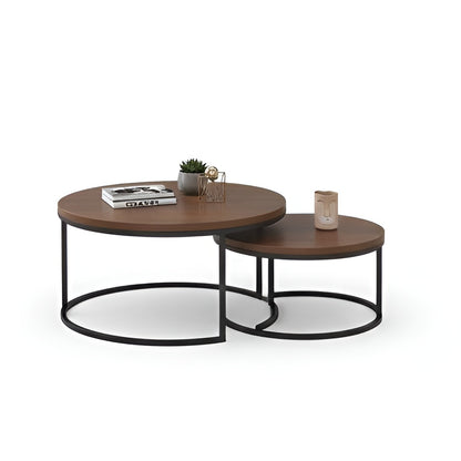 Two wooden coffee tables with metal legs on a white background