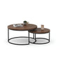 Two wooden coffee tables with metal legs on a white background