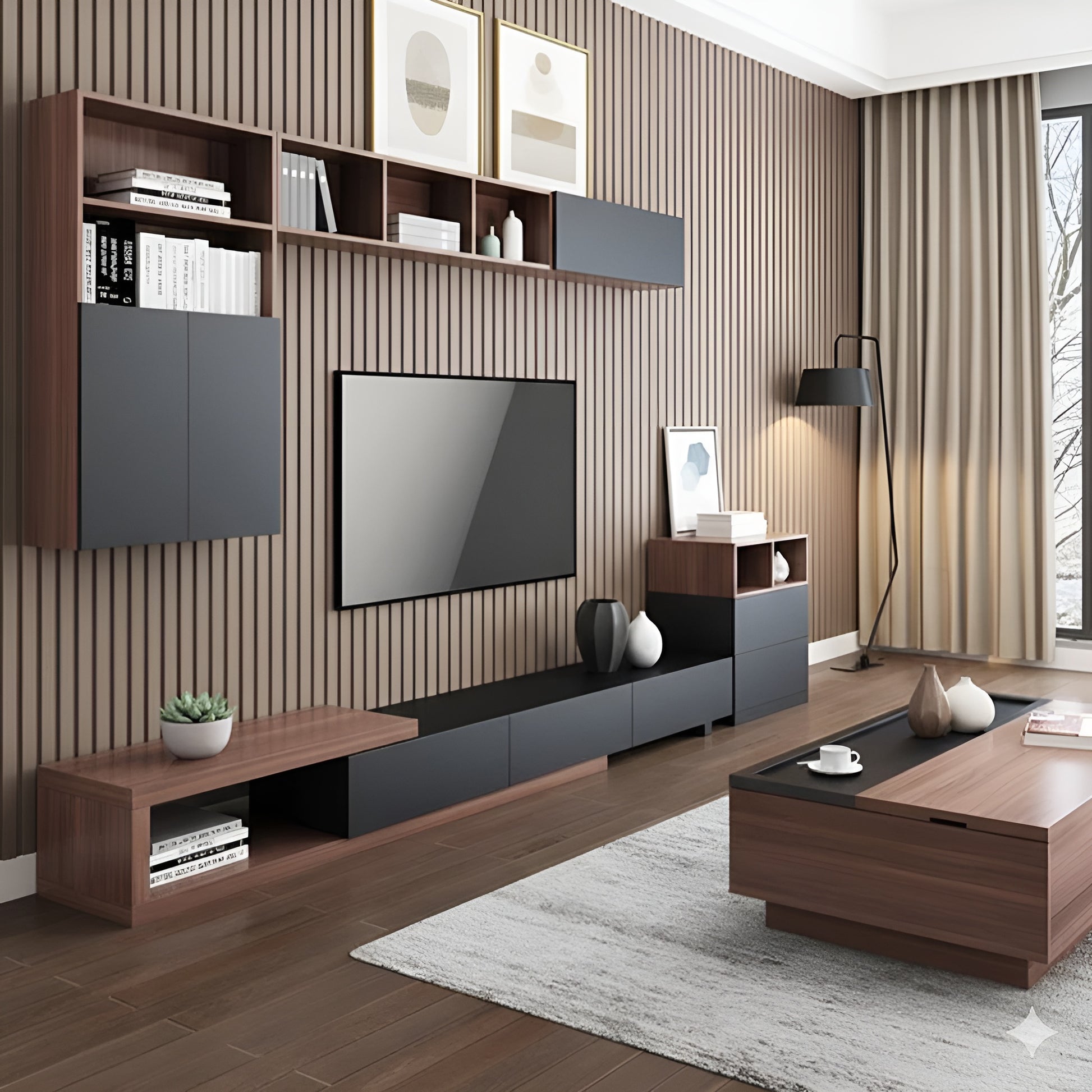 Modern living room with wooden furniture, TV, and decor.