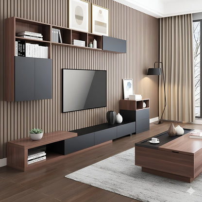 Modern living room with wooden furniture, TV, and decor.
