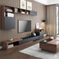 Modern living room with wooden furniture, TV, and decor.