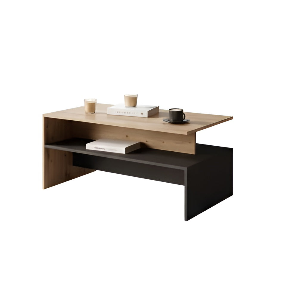Wooden desk with a black lower shelf on a white background
