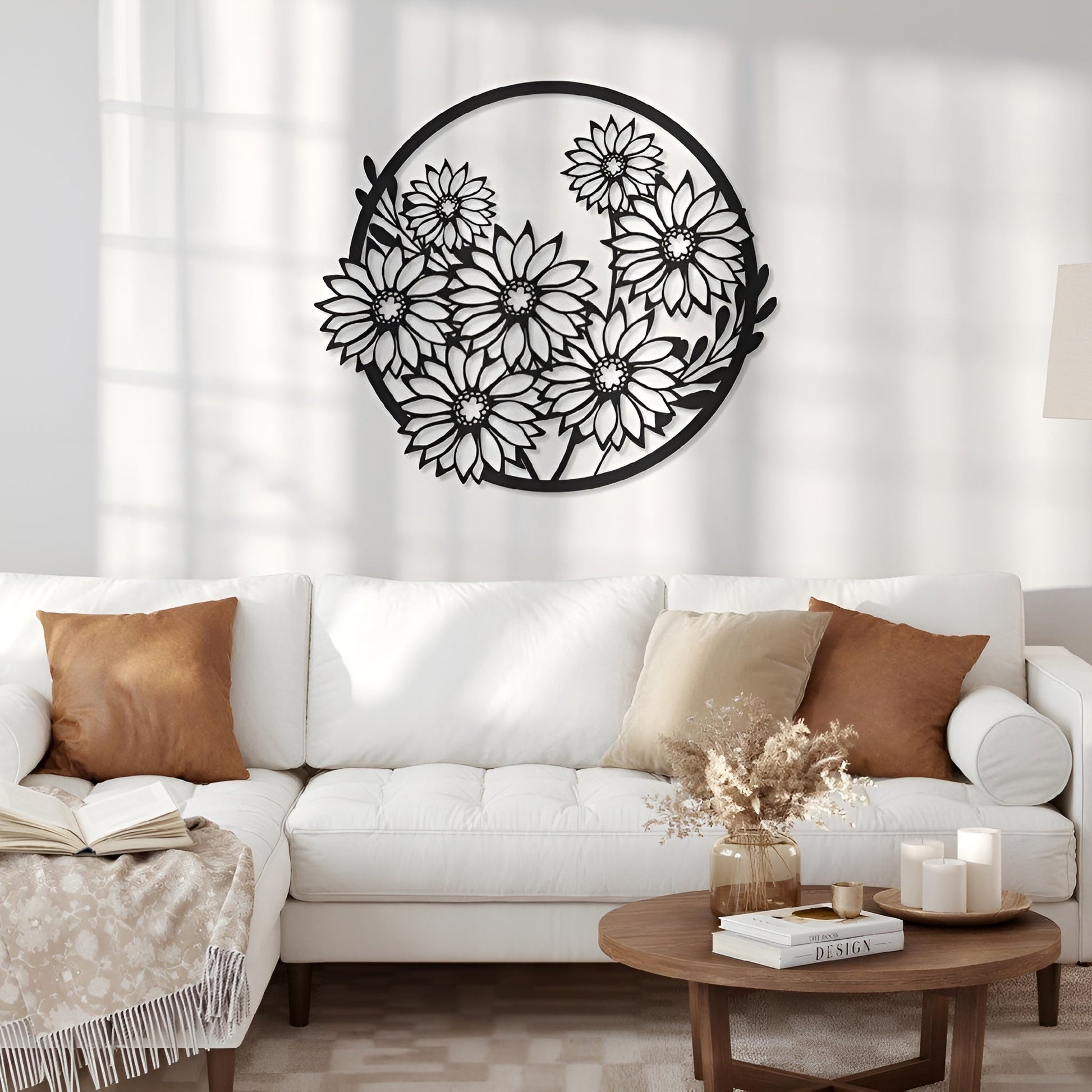 Decorative wall art above a white sofa in a living room setting.