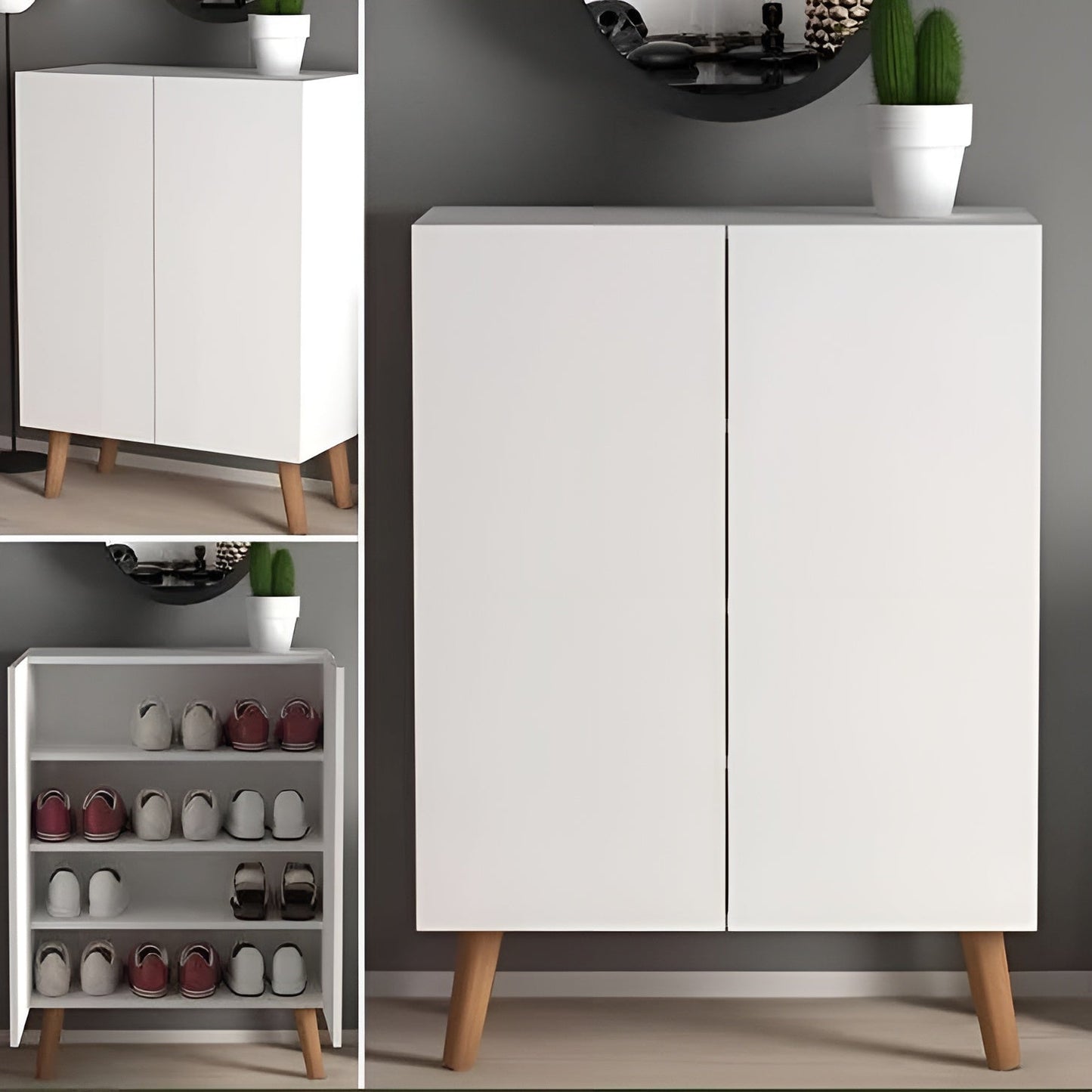 White cabinet with wooden legs in a minimalistic setting