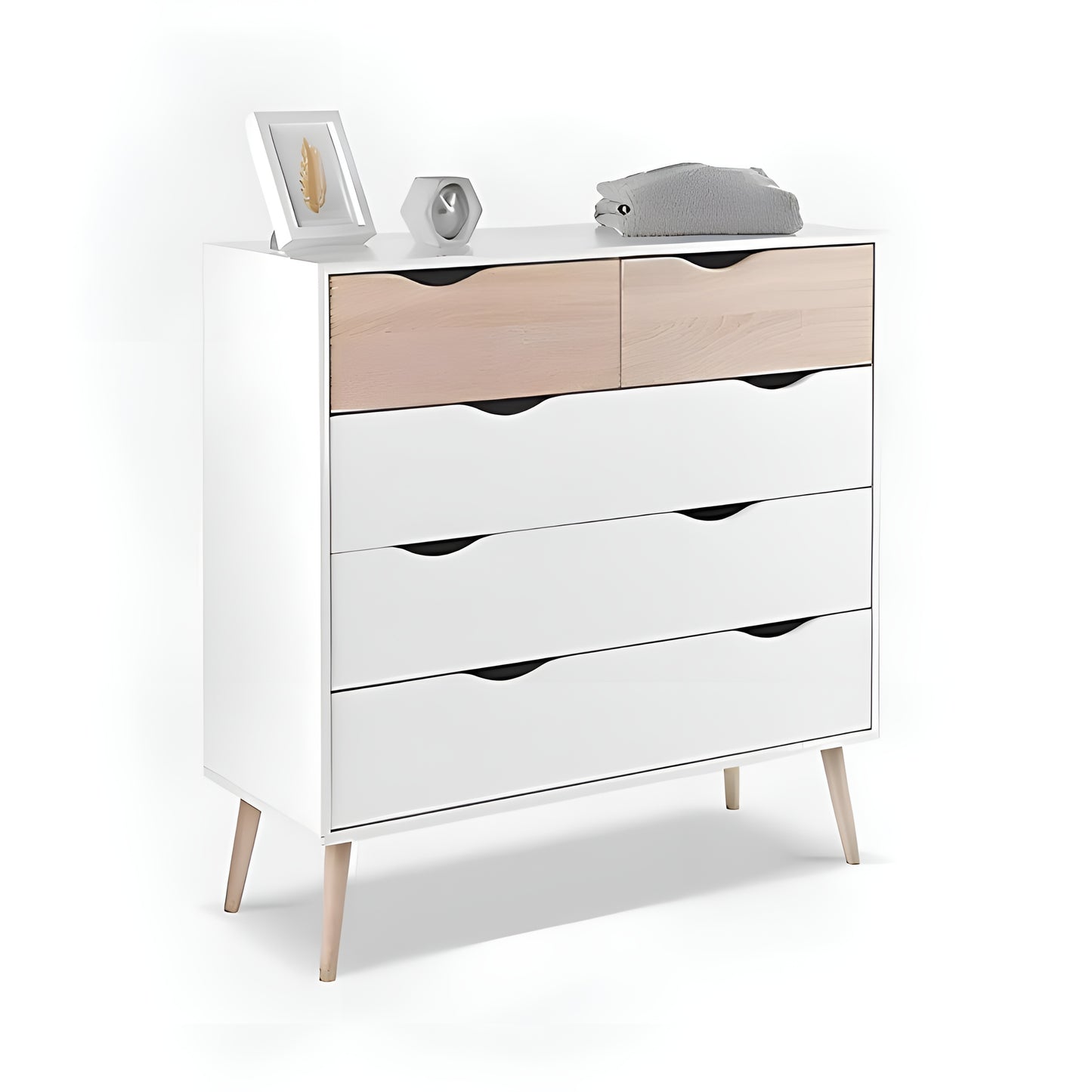 White dresser with wooden drawers on a white background