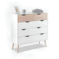 White dresser with wooden drawers on a white background