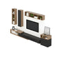 Modern TV wall unit with wooden shelves and black base on a white background