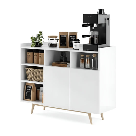 White kitchen cabinet with coffee machine and decor items on a white background