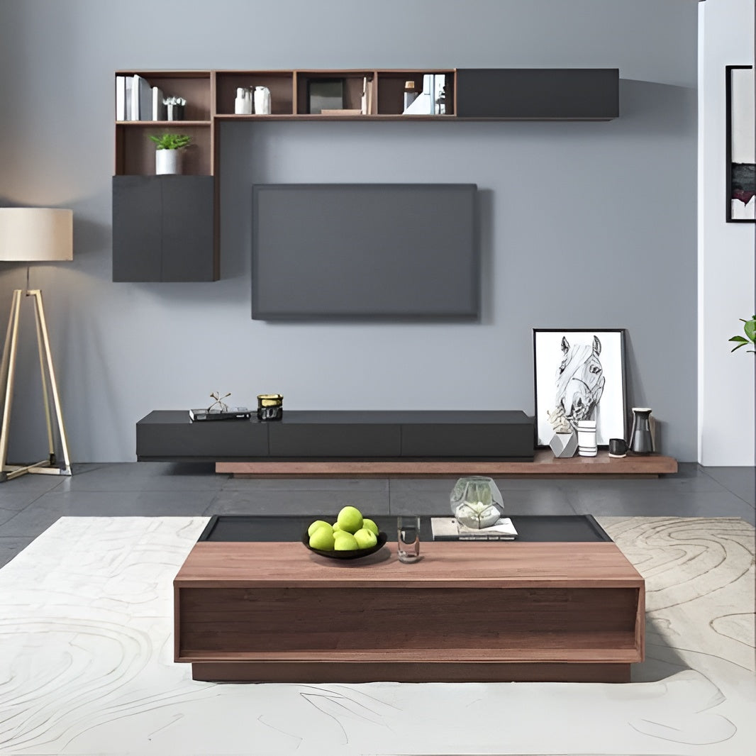 Modern living room with wooden coffee table, TV, and shelves.