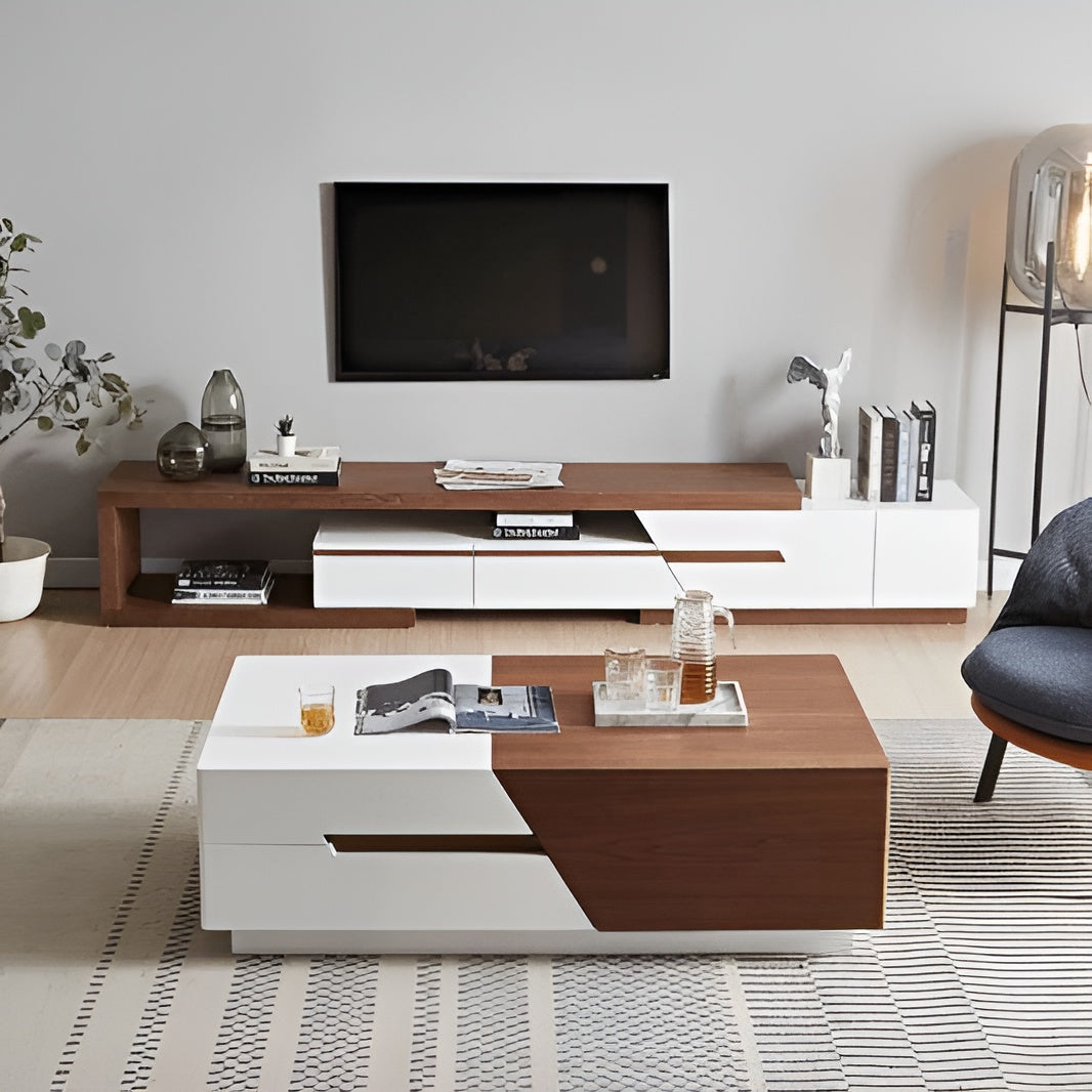 Modern living room with wooden and white entertainment console, coffee table, and TV.