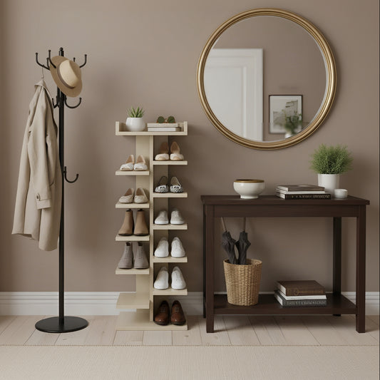 Shoe rack with shoes, coat stand, and round mirror in a room setting.