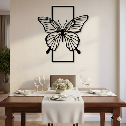Butterfly wall art above a set dining table with white tablecloth and silverware.