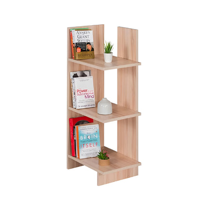 Wooden bookshelf with books and plants on a white background
