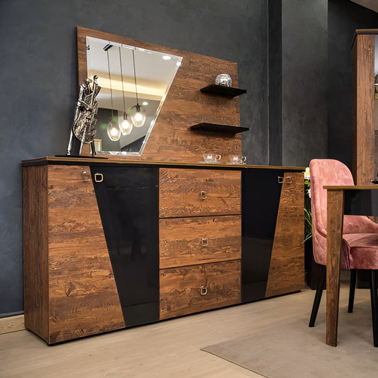 Wooden desk with black accents in a room setting