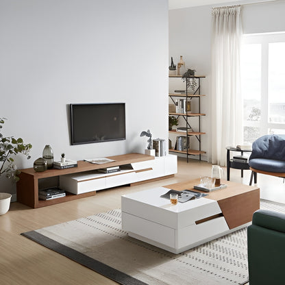 Modern living room with a TV stand, coffee table, and decorative items.