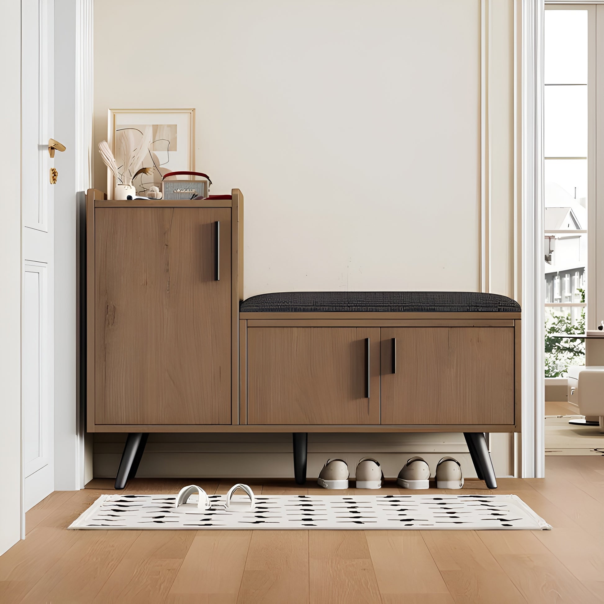 Wooden shoe cabinet with bench in a room setting