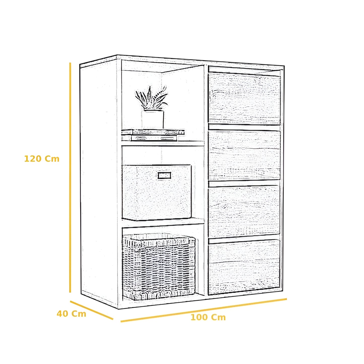 Line drawing of a tall cabinet with dimensions labeled