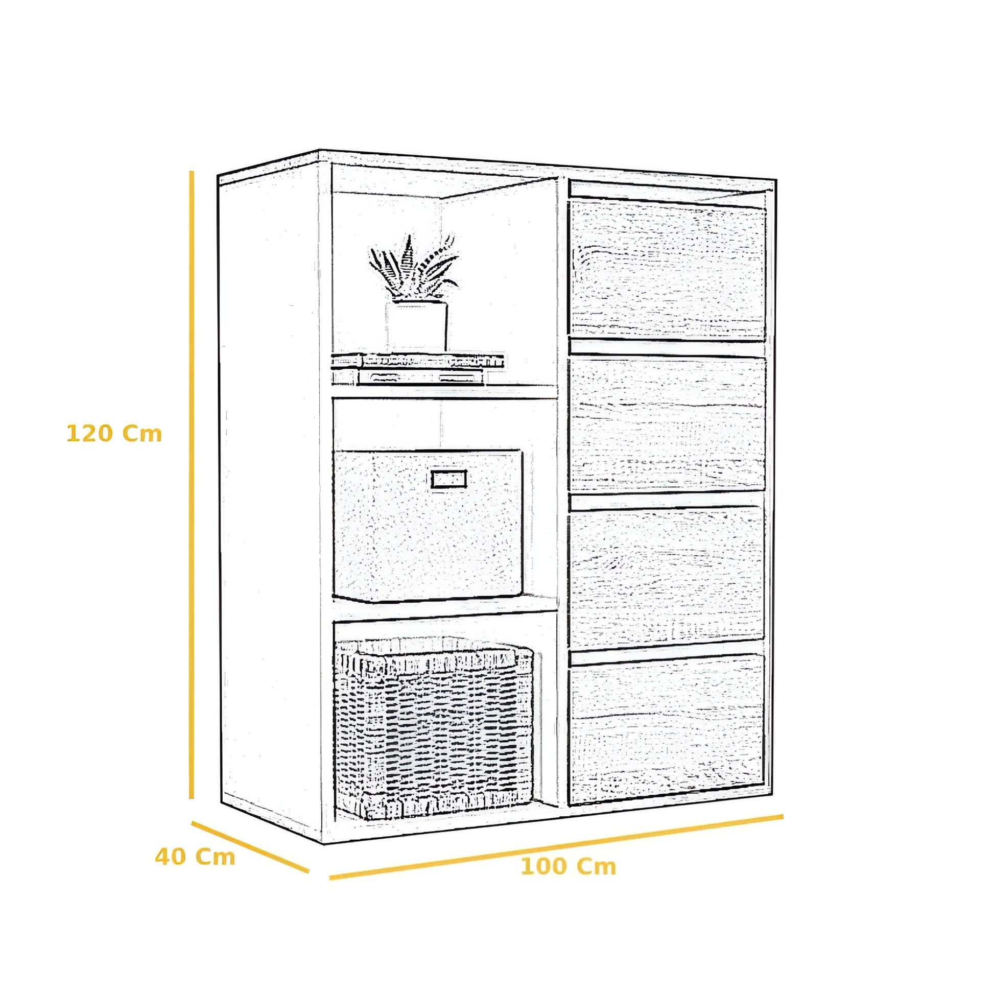 Line drawing of a tall cabinet with dimensions labeled